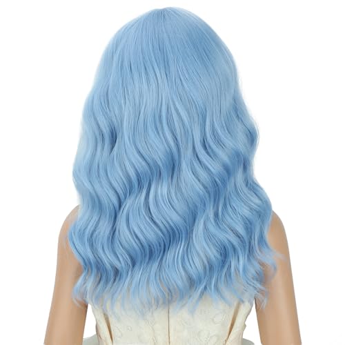 Image of PATTNIUM Light Blue Wig Short Blue Wigs with Bangs Shoulder Length Wavy Heat Resistant Synthetic Wig