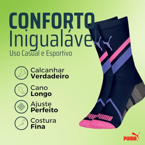 Kit 04 Pares de Meia Puma Cano Longo Esportiva Sola Atoalhada Poliamida | 2 Branco - 2 Marinho | 34-