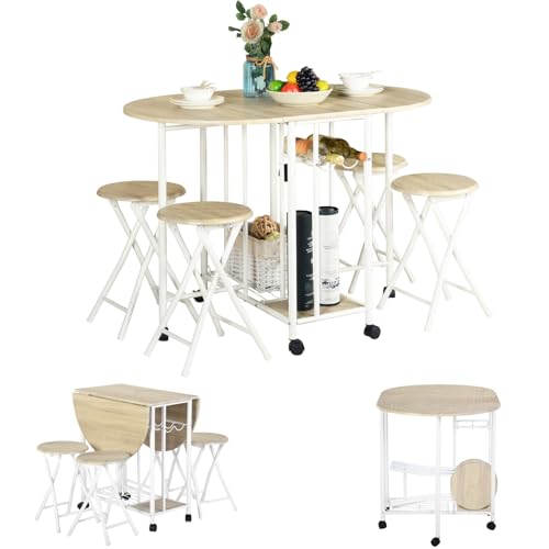 GOKHOMX Juego de mesa de comedor plegable y 4 sillas, mesa de cocina, pequeño espacio con 4 sillas, comedor plegable, con ruedas y almacenamiento para cocina, salón Bistrot, terraza, roble