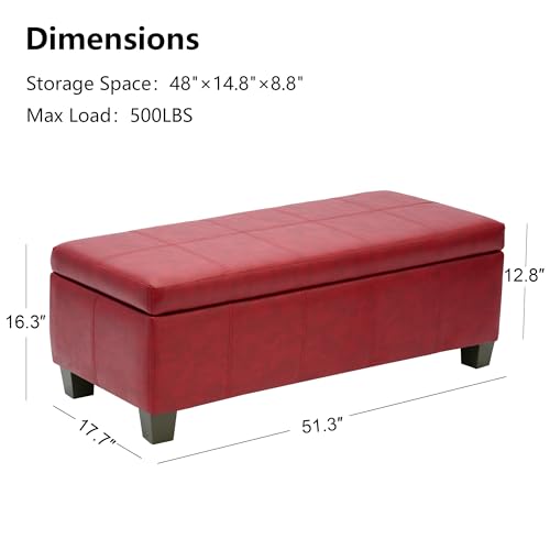 Image of 51 Inch Storage Ottoman, Storage Bench with Safety Hinge, Upholstered Synthetic Leather Ottoman Bench for Bedroom, Living Room, Entryway, Hallway, Foot Rest, Support 500lbs
