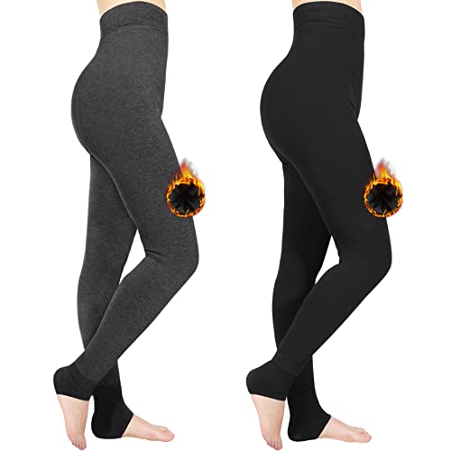 Jovego Leggings Térmicas Mujer, 2 Pares de Leggins Mujer Invierno con Forro de Felpa, Leggins Deportivos Cintura Alta Leggings Elásticos para Correr Yoga（Talla Única, Negro, Gris Oscuro）
