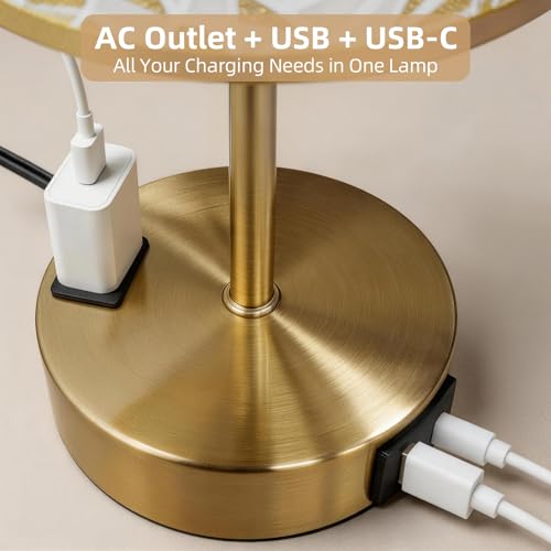 Image of Table Lamp, Dimmable Touch, AC Outlet, USB A+C (Triangle&Gold) | 3-Way Dimmable, Small Touch Lamp with Eye-Care LED Bulb, Ideal Bright Lighting Bedside Lamps for Nightstand, Bedroom, Reading