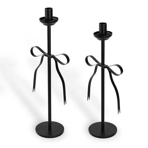 Black Taper Candlestick Holders,Set of 2 Bow Candle Stick Holders,Metal Modern Candle Stands Decorative for Dining Table Centerpiece,Wedding Decor