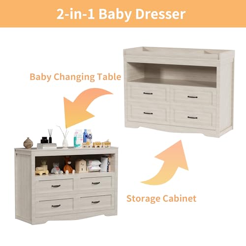 Image of 47.2 inch Beige Nursery Dresser with 4 Drawers and 1 Open Shelf Changing Table Dresser with Changing Table Top Diaper Changing Station with Storage for Nursery Children's Room