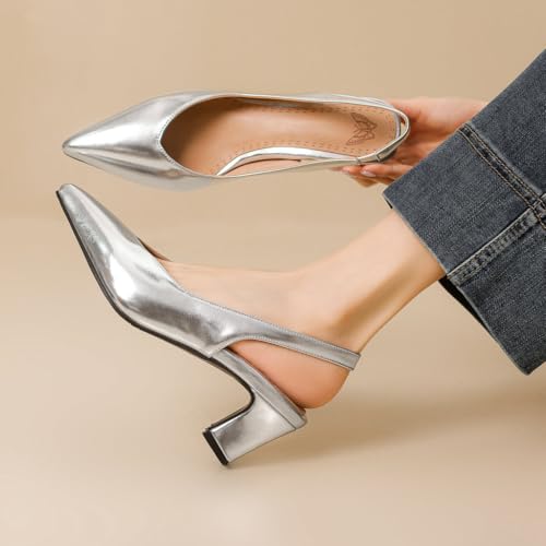 DINTAHA Pointed Toe Slingback Heels Block Low Heel Pumps Metallic Heels Wedding Party Shoes4