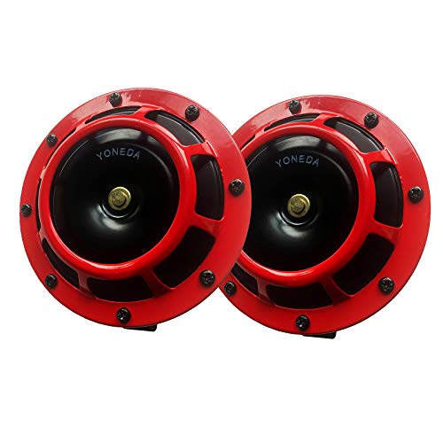YONEDA Electric Grill Mount Car Horns 12V Premium Quality Dual Supertone Horns Red Protective Grills Electric Loud Car Horn Kit High and Low Tone Twin Disc Horns Weather Resistant Horn Replace