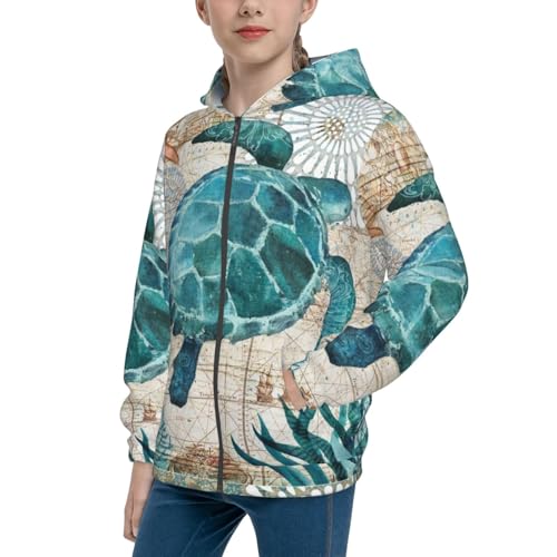 Watercolor Sea Turtle Kids Pullover Hoodies Boys Zip Up Sweatshirts Girls Athletic Clothes with Pocket