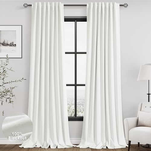 Image of Ivory Linen 100% Black Out Curtains 108 Inches Long 2 Panels Set for Bedroom Boho Farmhouse Back Tab Thermal Insulated Energy Efficient Room Darkening Curtains Living Room High Ceiling Length 9 FT