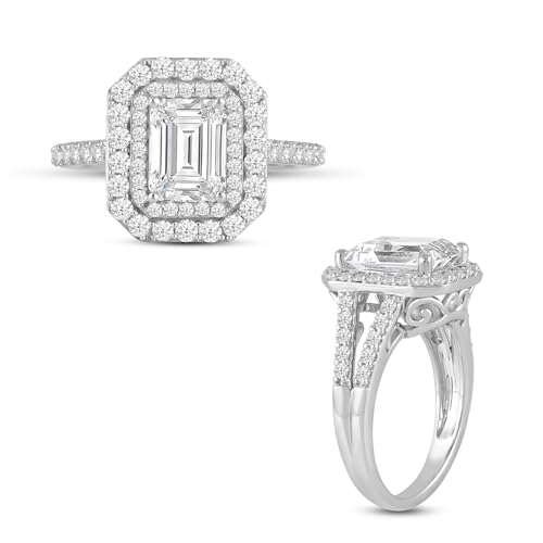 Jewelili Fine Silver Plate Octagonal & Round-cut Cubic Zirconia Double Halo Engagement Ring Wedding Fashion Jewelry for Women
