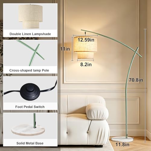 Image of Lightdot Arc Floor Lamp for Living Room, Modern Standing Tall Lamps with Double Linen Lampshade, Tall Hanging Pole Lamp with Bulb Included for Bedroom Sofa Beside /Corner Decor - Grayish Green