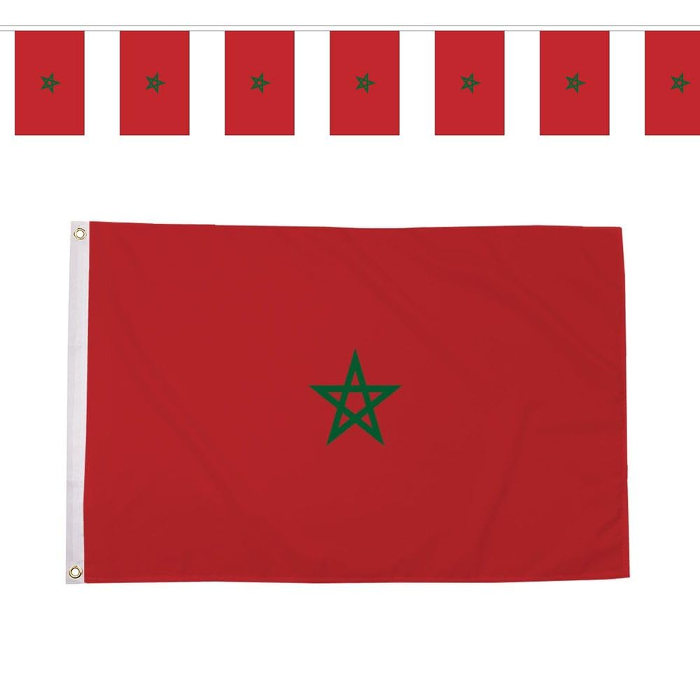 Flagtex Morocco Atlas Lions World Cup 2026 Small Team Bundle Includes 3ft x 2ft Premium Polyester Flag and 3m Rectangle Bunting Football Fan Pack Indoor Outdoor Decoration