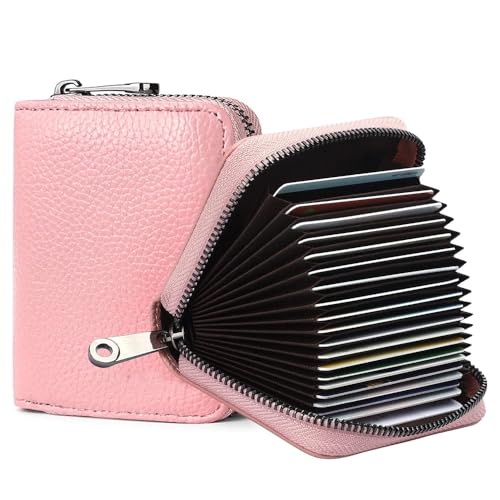 Carteira feminina fina minimalista com bloqueio de RFID, 11 compartimentos, porta-cartões de crédito, capa de couro com zíper, rosa, 4.2 x 3.1 x 0.8 inches, Carteiras de porta-cartões