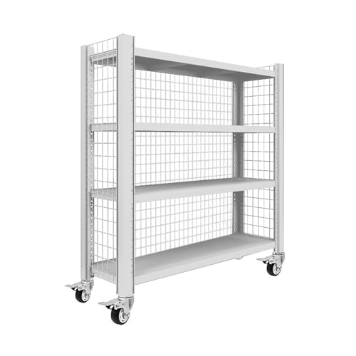 Estantería de garaje resistente con rejilla de alambre ajustable de 4 niveles, estante de almacenamiento de metal industrial, almacén, sótano, tienda, estante de pie con ruedas, color blanco, 100 x 40