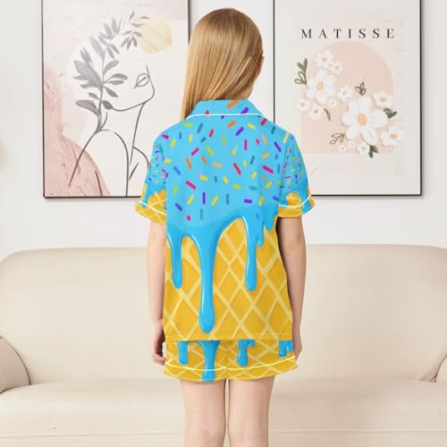 Satin Pajama Sets Short Sleeve Blue Ice Cream Drip Button Down Silky Nightwear 2 Piece PJS 5-14Y4