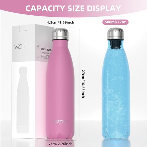 Image of WATERSY Stainless Steel water bottles,17oz /500ml Insulated Water Bottles,Gloss Pink metal water bottle Keeps Drink Cold and Hot,BPA Free kids water bottles for School,Gym,Travel,Sports