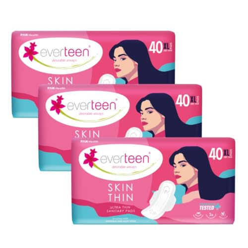 Image of everteen SKIN THIN XL 120 Sanitary Pads for Women, Ultra Thin Sanitary Napkins XL 285mm, Wider Back Coverage for No Stains, Rash-Free Protection - Pack of 3