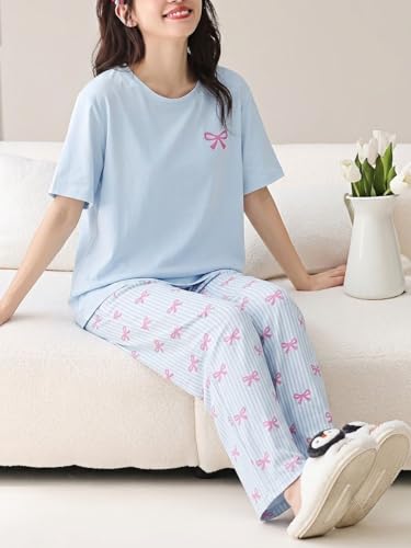 Image of SHIENZY Women Korean Style Night Suit | Round Neck Short Sleeve Cute Printed Cotton Pajama Set for Girls & Women | Soft Nightwear, Loungewear, Sleepwear for Women | Full Pyjama Set | Co-ord Set