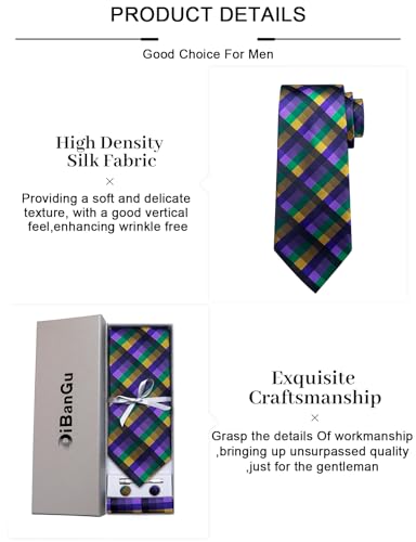 Image of DiBanGu Plaid Ties for Men Silk Checkered Necktie and Pocket Square Cufflinks Tie Clip Set with Gift Box for Wedding Business