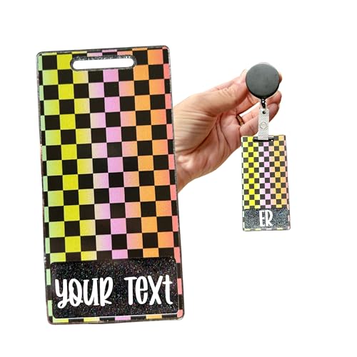 Rainbow Checkered Badge Buddy - Customizable Badge Backer - Handmade Cute ID Tag for Nurses, RNs, Medical Staff, Teachers, Office Staff & More