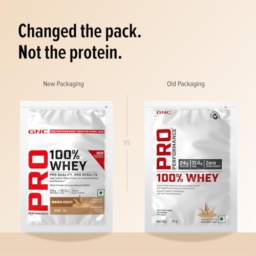 Image of GNC Pro Performance 100% Whey Protein | New Formulation | 24g Protein, 5.7g BCAAs, 12.3g EAAs | Added DigeZyme | Whey Isolate & Concentrate Blend, Low Carb (4.51g), No Added Sugar | Mawa Kulfi, 35g