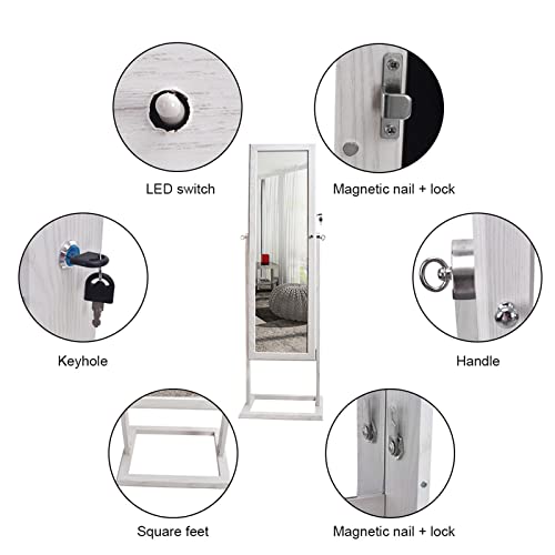 Ancdww Jewelry Mirror Cabinet Armoire Organizer Lockable Storage Organizer Free Standing Floor Length Jewelry Armoire Organizer With Led Lights, Full Mirror Jewelry Organizer, White-B #TOP6