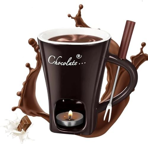 Chocolate Fondue Mug with Forks, Chocolate Melting Cup for Chocolate Cheese & Desserts Ceramic Fondue Pot Set Ideal Gift for Date Nights Birthdays Anniversary Weddings (Coffee)