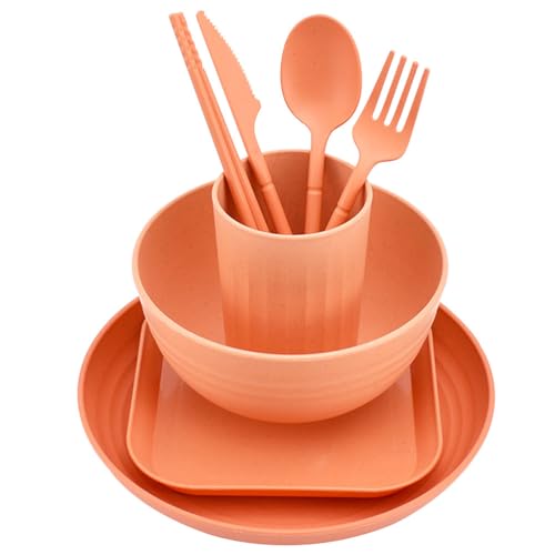 Luxshiny Wheat Straw Dinnerware Set 8-Piece Party Dinnerware Kit with 2 Plates Bowl Cup Cutter Fork Spoon and Chopsticks for Family Dining Picnic Camping and Travel