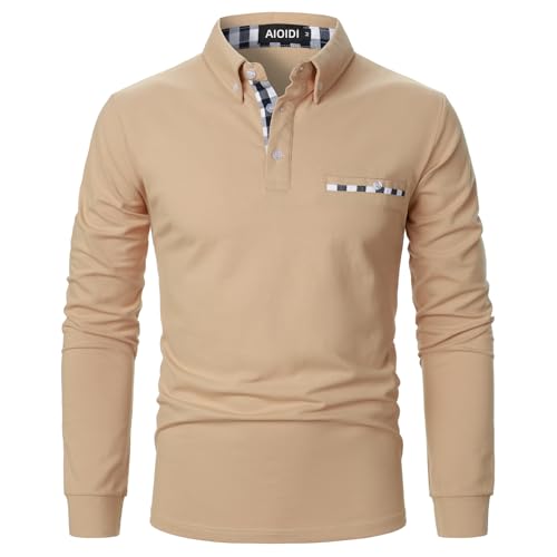 AIOIDI Polo para Hombre Camiseta Manga Larga Clasico Basico Moda Golf T-Shirt Caqui XL