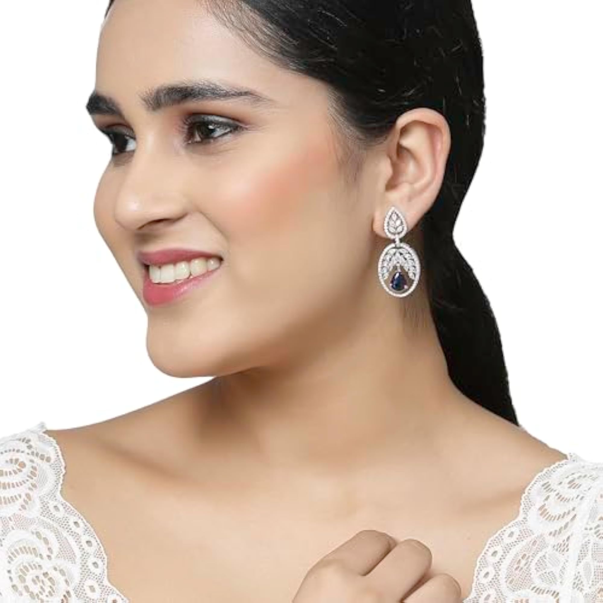 Rhodium-Plated American Diamond Drop Earrings