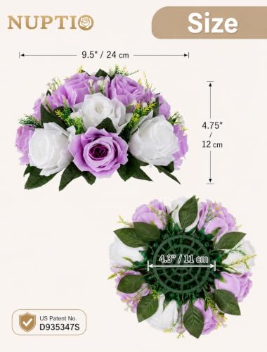 Image of NUPTIO Flower Wedding Centrepieces for Tables - 6 Pcs 9.5in Diameter Lilac & White Artificial Flowers Rose Ball for Centerpieces Table - Fake Rose Arrangements for Weddings Birthday Party Decor