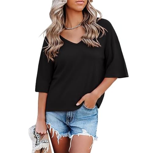 Totatuit Oversized Cropped Tshirts for Women Short Half Sleeve V Neck Tops Summer Flowy Split Hem Basic Tee Shirts Black Large