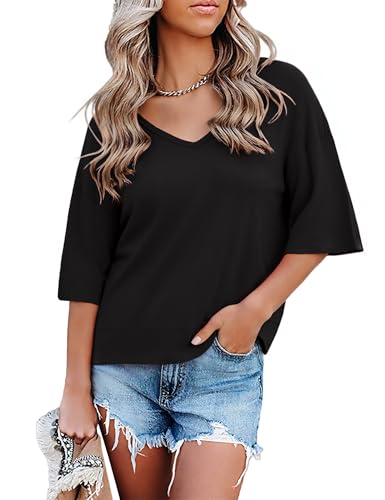 Totatuit Crop Vneck Side Slit Tops Oversized Short Half Sleeve T Shirts for Women Flowy Summer Loose Fit Blouses Black L