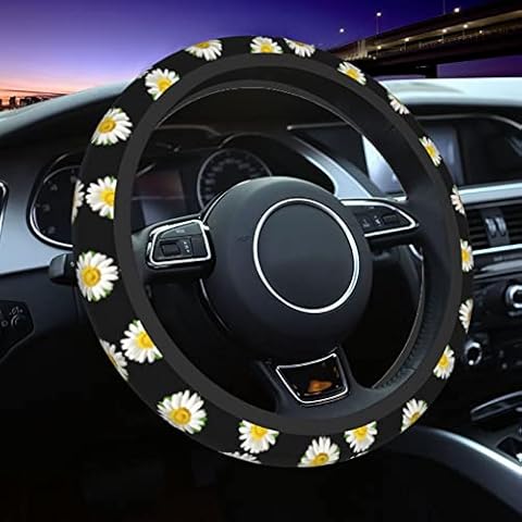 Daisy Car Steering Wheel Cover for Women Black Car Wheel Protector Soft Anti-Slip Universal Fit SUV Trucks 15 Inch Cover