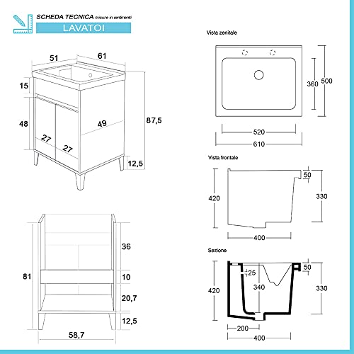 Inbagno Mobile lavatoio Lavanderia con Vasca in Ceramica, L.61 x P.51 x H.87,5 cm, Serie Way Diverse colorazioni, Include Vasca in Ceramica Bianco Lucido (Rovere Chiaro) - 2