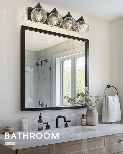 Image of Bathroom Light Fixtures Over Mirror, 26 inch Matte Black Vanity Light with Clear Hammered Glass Globe Shade, 4-Light Modern Sconces Wall Lighting for Bedroom Hallway, VL200-MB-CL-4