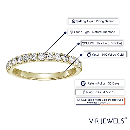 1/2 carat (ctw) Diamond Wedding Anniversary Band for Women, Half Eternity Round Diamond Engagement Ring 14K Yellow Gold Prong Pave Set 0.50 cttw, Size 4-103
