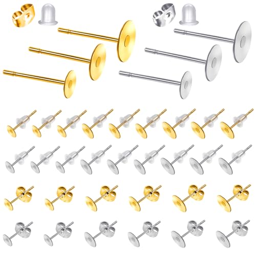 TOAOB 300pcs Boucles D'Oreilles Poteaux Plat Pad en Acier Inoxydable 4mm 6mm 8mm avec Dos Papillon Apprêt et Fermoirs en Silicone Transparent pour Accessoires...