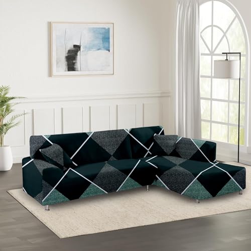Image of Amazon Brand - Solimo L-Shaped Sofa Printed Slipcover | 2 Pieces Elastic Sofa Cover | High Density Stretch Fabric | Universal Fit (Silver)
