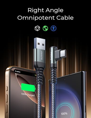AINOPE Fast Charging USB C Cable [2-Pack, 6.6ft] for Galaxy S10+ S10 S9, LG V30, Moto, iPhone 15 16, High-Speed Data Transfer, |1A, Right Angle Cable Braided USB Ccharger