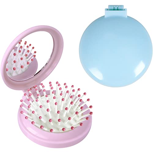 Cepillo de pelo plegable con espejo, mini peine redondo compacto para niñas y mujeres (rosa y azul)