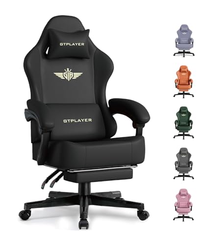 Image of GTPLAYER Gaming Chair with Pocket Spring Cushion, Big and Tall Gamings Chairs 350LBS High Back Computer Chair with Footrest for Adults Lumbar Support Swivel Game Chair for Office, Leather Black