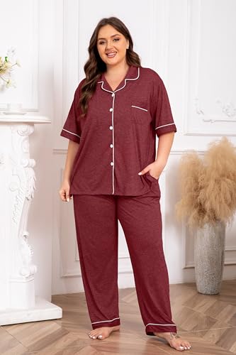 Image of Vozanet Women Plus Size Pajamas Button Down Rayon Softness PJS Classic Sleepwear Short Long Loungewear 2pcs with Pockets