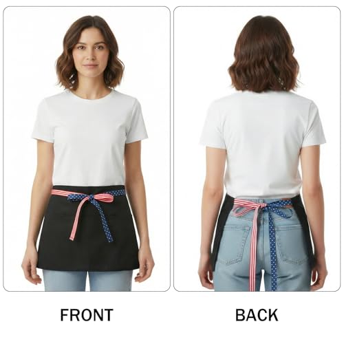 Image of BOHARERS 3-Pocket Waist Apron With American Flag Print Straps - Black Waitress Waiter Server Short Aprons