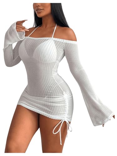 COZYEASE Women's Off Shoulder Sheer Cover Up Drawstring Long Sleeve Crochet Beach Dress