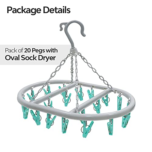 pegs it Oval Sock Dryer with 20 Pcs Clothes Pegs Sock Hanger for Washing Line Quick and Efficient Drying Sock Dryer with pegs Lightweight & Rust-Proof | Aqua Blue & Grey - Image 5