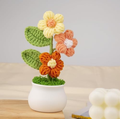 Image of VRB Dec PlasticTM 1 Pcs Crochet Flowers Artificial Daisy for Office Desk Car Dashboard Decor,Home Decoration, Office, Bedroom, Christmas Decor, Wedding,Diwali. (Triple Yellow Daisy with Pot)