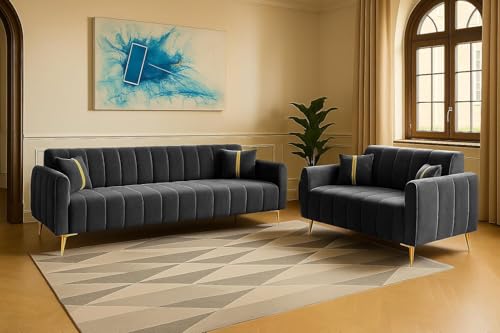 Image of FURNY Harmony 5 Seater Fabric 3+2 Sofa Set (Dark Grey) with Golden Finish Legs & Premium Velvet Finish | Durable & Comfortable | Ideal for Living Room