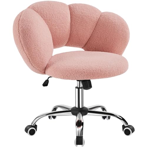 Yaheetech Silla de Escritorio Silla de Oficina Ergonómica sin Brazos Tapizada Rosa con Ruedas Giratorias Respaldo Diseño Nube en Tejido Bouclé Altura Ajustable