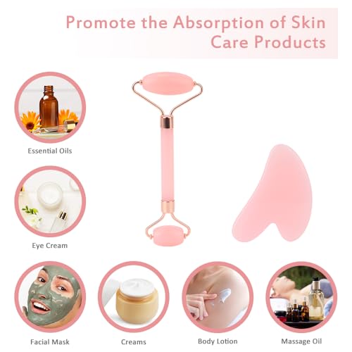 FIDWALL Pink Gua Sha & Jade Roller Set, Gesichtsroller Massage Set mit Gua Sha Stein, Preppy Skincare Tool für entspannende Gesichtsmassage, Guasha Tool für Gesicht und Hals Gesichtspflege, Face Yoga