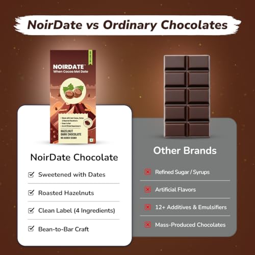 Image of NoirDate Hazelnut Dark Chocolate - 75g, Bean to Bar, Sweetened with Dates, Refined Sugar Free, Clean Label, Healthy, Vegan, Gluten-Free, Guilt-Free Indulgence (Pack of 1)
